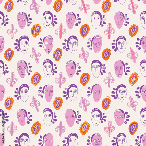 Seamless Abstract Pastel One-Line Faces Pattern