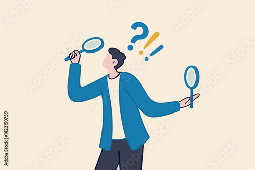 Observation or examination, curiosity to discover secret, search or analyze information, investigate or research concept, curious businessman holding magnifying glass observe data with question mark.