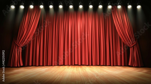 Festive party scene with red stage curtains theater venue event photography dramatic lighting close-up view