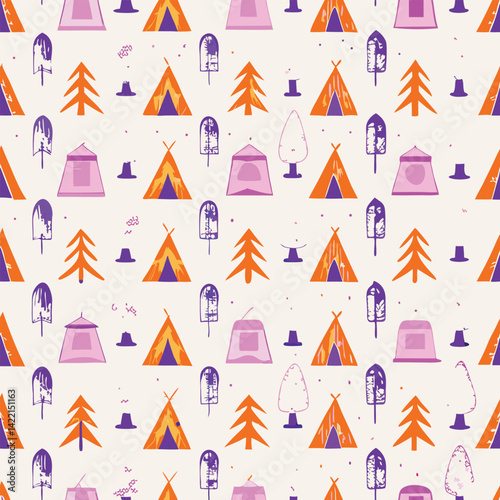 Seamless Pastel Camping Elements Vector Pattern