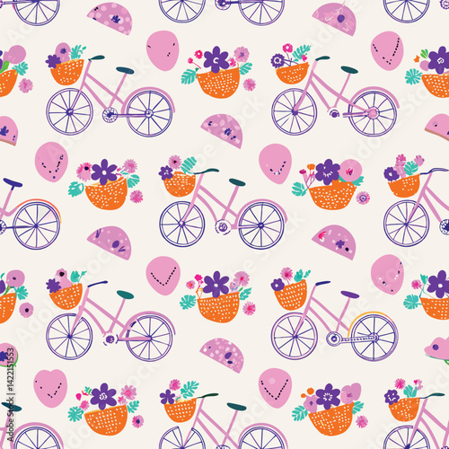 Seamless Lifestyle Pastel Bicycles with Flower Baskets Vector Pattern