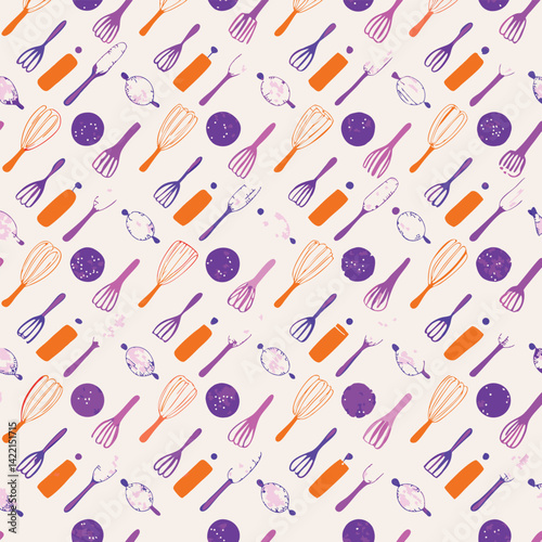 Seamless Hand-Drawn Pastel Kitchen Tools Pattern