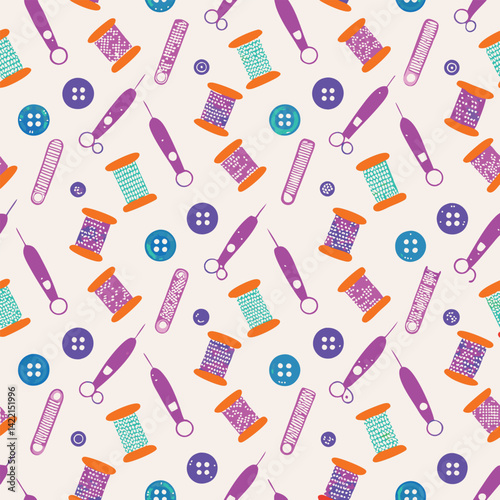 Seamless Soft Pastel Sewing Tools Vector Pattern