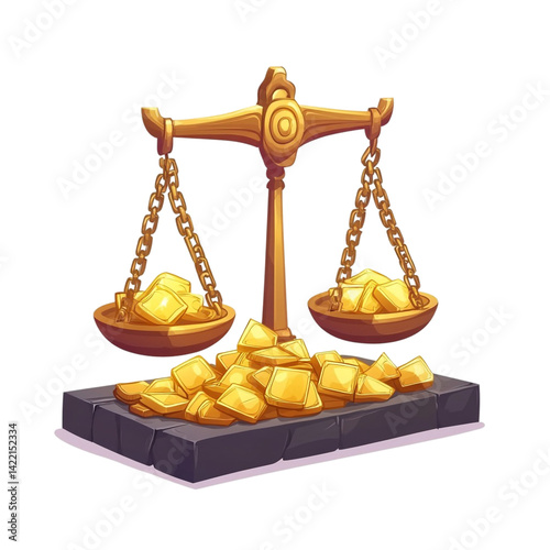 Golden scales balance gold bars on a stone base a treasure of riches