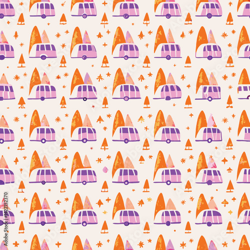 Seamless Adventure Pastel Camper Vans Vector Pattern