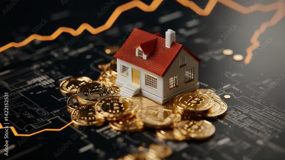 Cryptocurrency Investment Concept with House Model and Golden Coins on Financial Chart Background