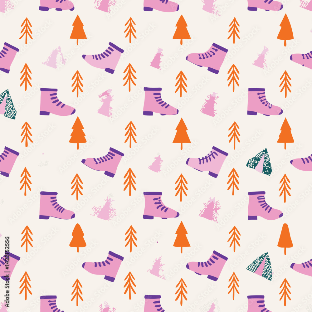 Seamless Adventure Pastel Hiking Boots and Maps Pattern Seamless Adventure Pastel Hiking Boots and Maps Pattern