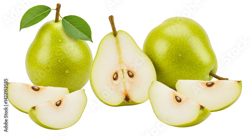 Fresh green and yellow pears with a red apple isolated on a white background, perfect for a healthy diet