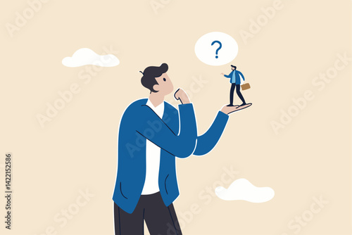 Ask yourself a question, process for self improvement, personal development, problem solving or review and evaluation concept, curious businessman asking himself for answer with big question mark.