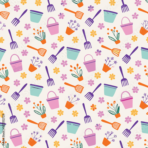 Seamless Textured Pastel Gardening Pots Vector Pattern