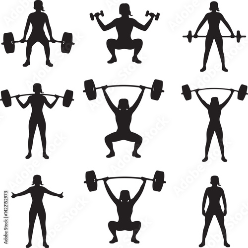 Woman Weightlifting Silhouettes Diverse Poses Fitness Exercises