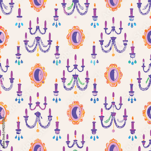 Seamless Elegant Pastel Chandeliers Vector Pattern