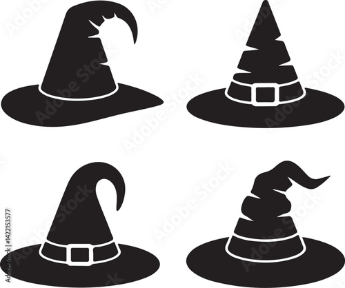 Four Witch Hats Silhouettes Halloween Costume Design Elements