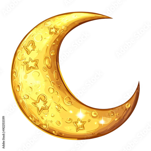 A golden crescent moon with stars shines brightly against a dark background a celestial illustration