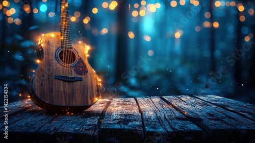 Acoustic Melody on Wooden Stage Beneath Ambient Lights in Serene Evening Forest Ambiance