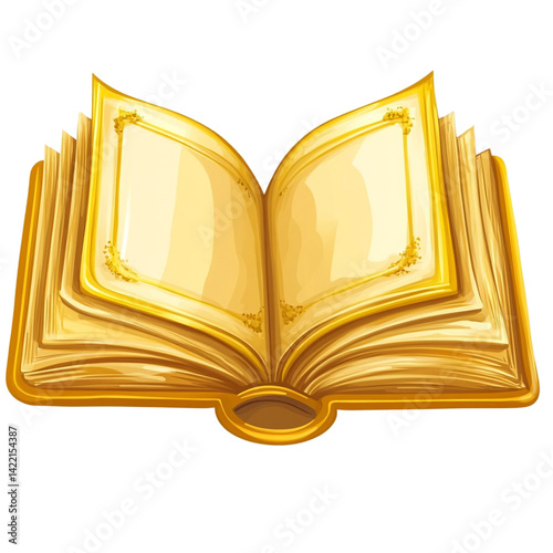 A golden open book with blank pages ready for stories and adventures