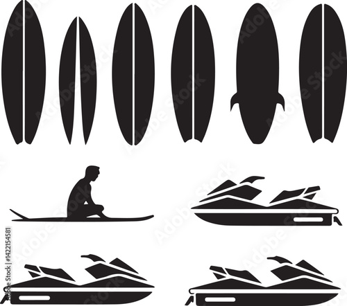 Surfboards Jet Skis Water Sports Summer Icons Set