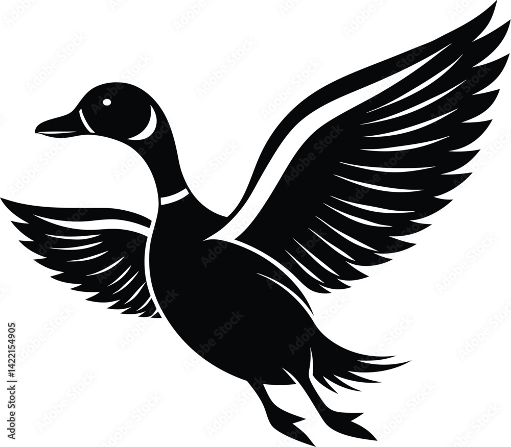 Obraz premium Flying duck silhouette, flying duck on white background