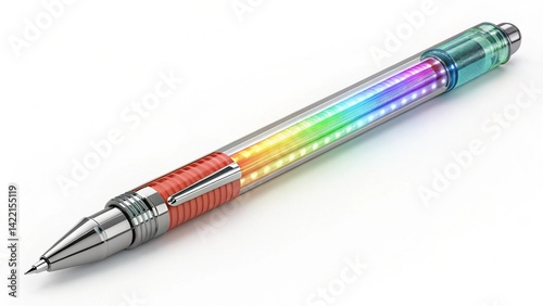 A close up of a pen with a rainbow of lights inside on a white background in a studio shot created with generated ai