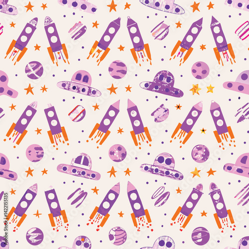 Sci-Fi Pastel Outer Space Robots Vector Pattern