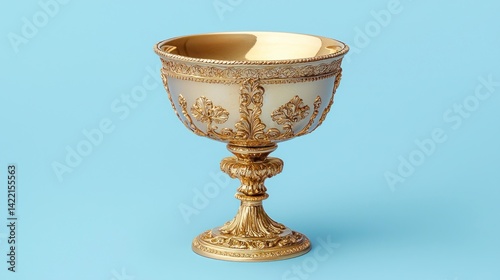 Ornate gold chalice on a light blue background