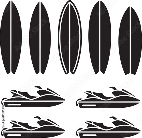 Surfboards and Jet Skis Icon Set Black Silhouettes
