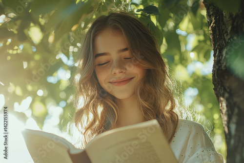 Girl engrossed in book under tree, dappled sunlight illuminates pages, peaceful scenery with bright green foliage and colorful flowers around.