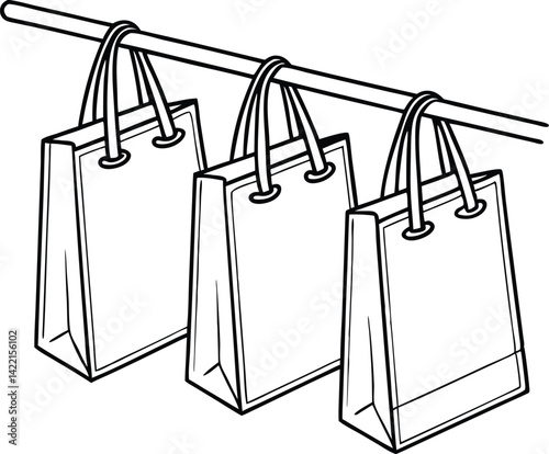 Minimalist Line Drawing Horizontal Bar Hanging Bags Monochrome Grayscale Flat Illustration