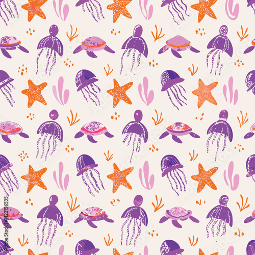 Marine Pastel Jellyfish and Sea Turtles Pattern