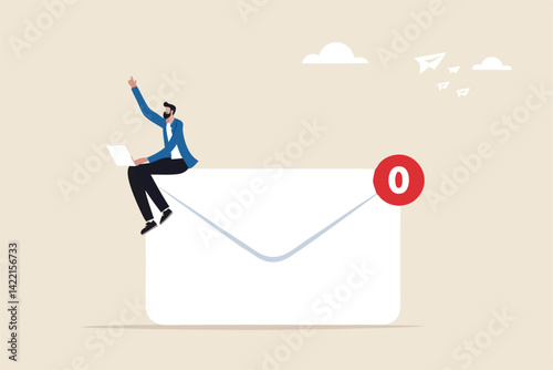 Email management, handle many emails or manage to reply all emails, efficiency or productive way, prioritize or categorize information concept, businessman work with computer laptop on email envelope.