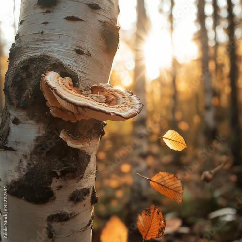 Chaga mushroom with autumn leaves on birch tree in forest