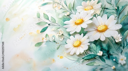 A floral watercolor card with daisies and greenery, subtle and modern,