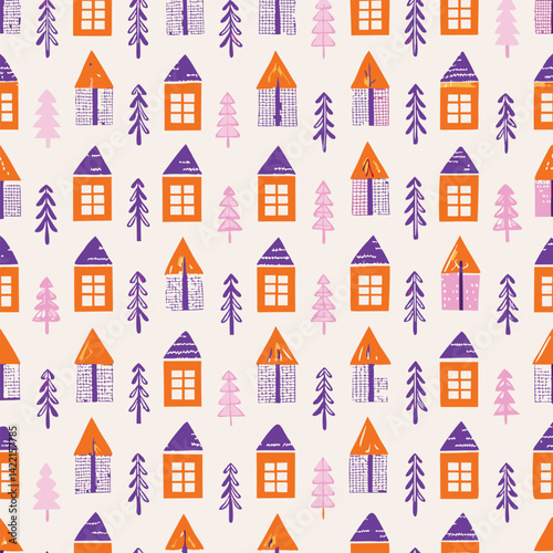 Modern Pastel Scandinavian Houses Vector Pattern