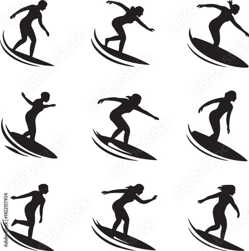 Nine Silhouettes of Female Surfers Riding Waves