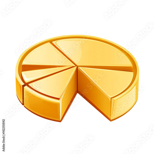 A round golden pie sliced into eight pieces one piece is missing