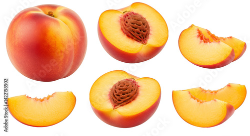 Fresh, juicy, ripe peaches and a half peach on a white background make for a sweet, healthy, organic summer fruit dessert