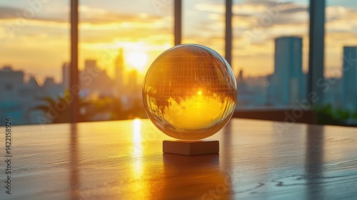 Crystal ball reflecting sunset over city