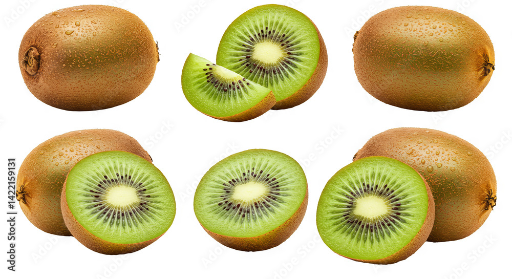 Fototapeta premium Fresh green kiwi fruit, halved and sliced, isolated on a white background, perfect for a healthy diet