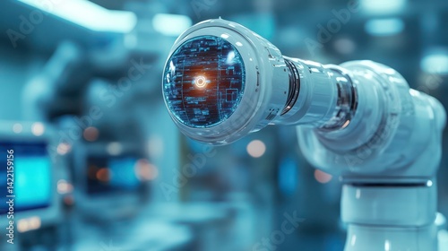 A futuristic hospital with AI-powered robotic arms, holographic diagnostics, and advanced medical tech delivering life-saving treatments. photo