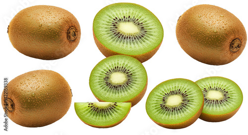 Fresh green kiwi fruit, halved and sliced, isolated on a white background, perfect for a healthy diet