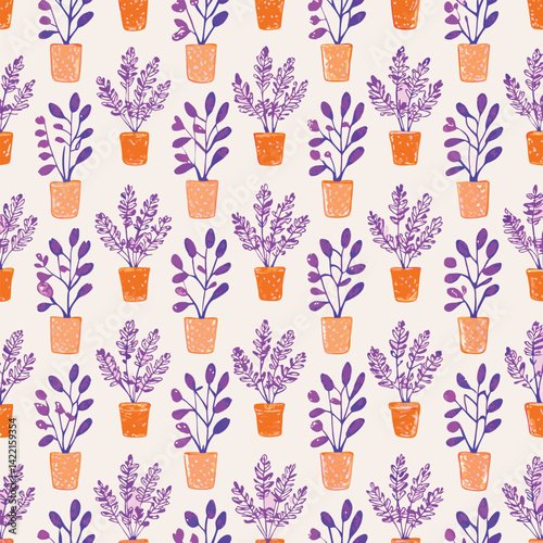 Kitchen Pastel Potted Herb Plants Vector Pattern