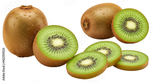 Fresh green kiwi fruit, halved and sliced, isolated on a white background, perfect for a healthy diet