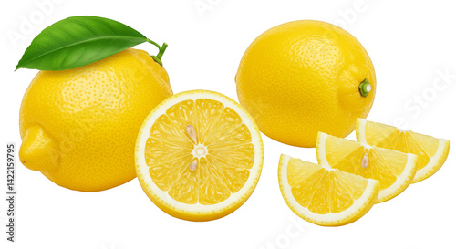Fresh yellow lemons, halves, and slices isolated on white photo