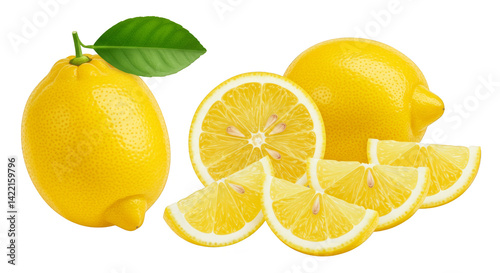 Fresh yellow lemons, halves, and slices isolated on white