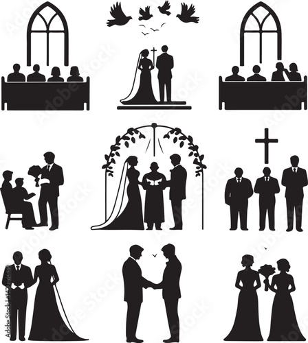Diverse Wedding Ceremony Illustrations Black Silhouettes