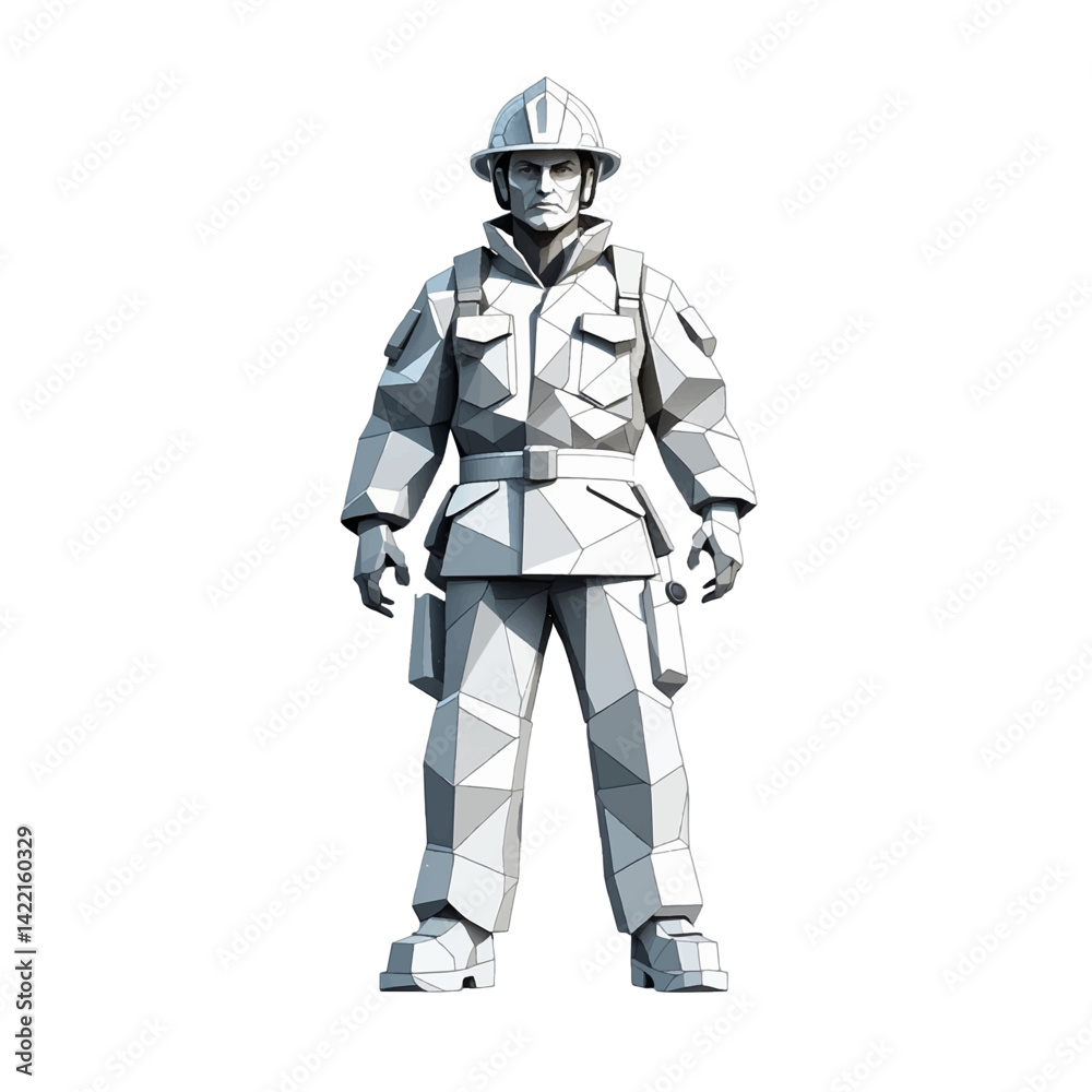 Firefighter in geometric design wearing protective gear and equipment showcases modern art style for emergency response themes Firefighter in geometric design wearing protective gear and equipment showcases modern art style for emergency response themes