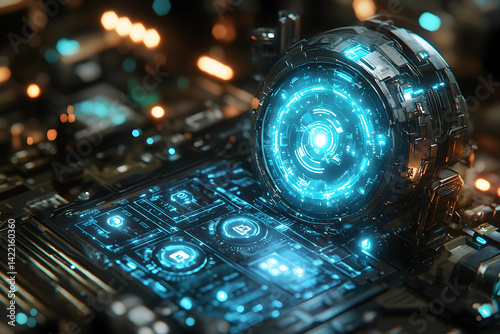 Futuristic tech design featuring a glowing orb embedded in a circuit board. Ideal for high-tech projects or science fiction visuals. Suggest for UI design.