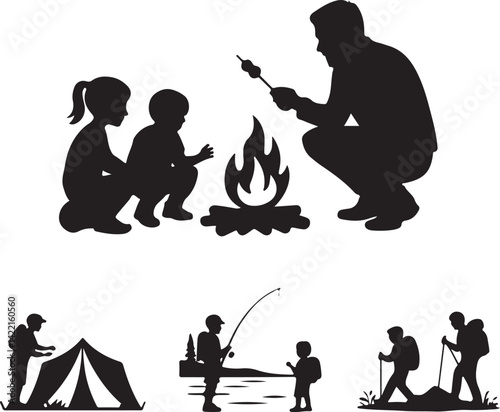 Family Camping Activities Silhouettes Fire Marshmallows Fishing Hiking