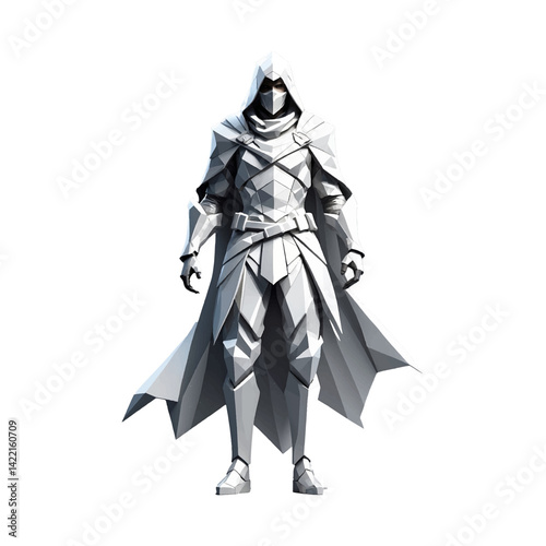 Modern geometric Assassin figure in a cloaked design poses confidently against a plain background