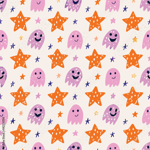 Gentle Halloween Pastel Cute Ghosts Vector Pattern